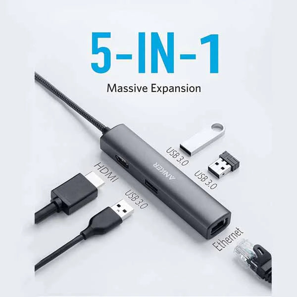 محول Anker USB C Hub ، محول 5 في 1 USB C مع 4K USB C إلى HDMI ، منفذ إيثرنت ، 3 منافذ USB 3.0