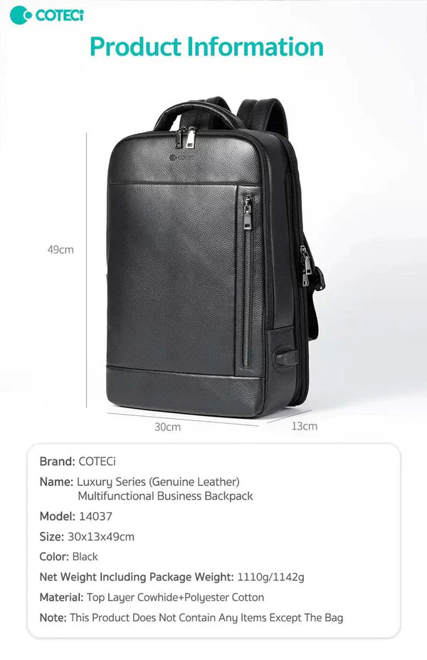 COTECI GENUINE LEATHER MULTIFUNCTIONAL BUSINESS BACKPACK 14037 - حقيبة ظهر جلد مع منفذ شحن من كوتي